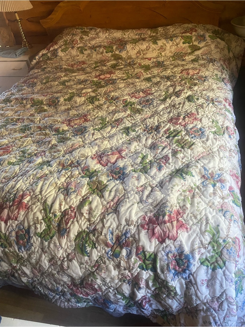 Vintage Floral Quilted Bedspread - White with Pink & Green Floral Motif